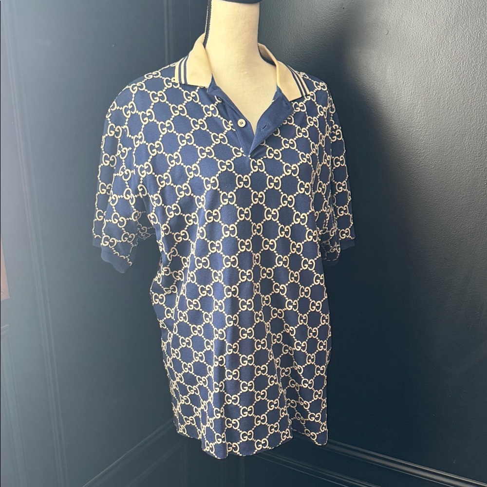 Gucci Navy and Beige Patterned Men's Polo